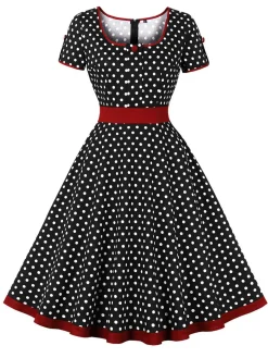 Outlet Retro Stage 1950s Contrast Polka Dots Buttoned Dress