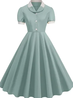 Outlet Retro Stage 1950s Contrast Short Sleeve Lapel Dress