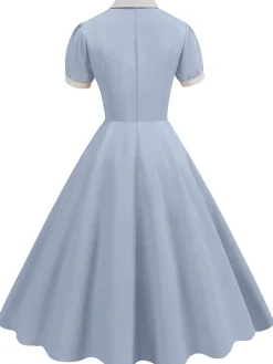 Outlet Retro Stage 1950s Contrast Short Sleeve Lapel Dress