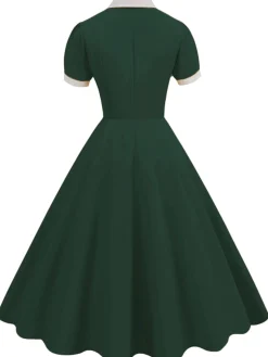 Outlet Retro Stage 1950s Contrast Short Sleeve Lapel Dress