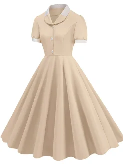 Outlet Retro Stage 1950s Contrast Short Sleeve Lapel Dress