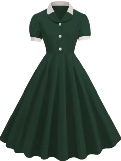Outlet Retro Stage 1950s Contrast Short Sleeve Lapel Dress