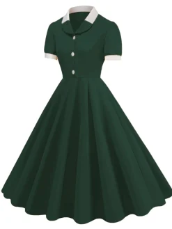 Outlet Retro Stage 1950s Contrast Short Sleeve Lapel Dress