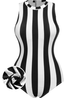 Fashion Retro Stage 1950s Contrast Stripes Triangle One-Piece Swimsuit Black & White