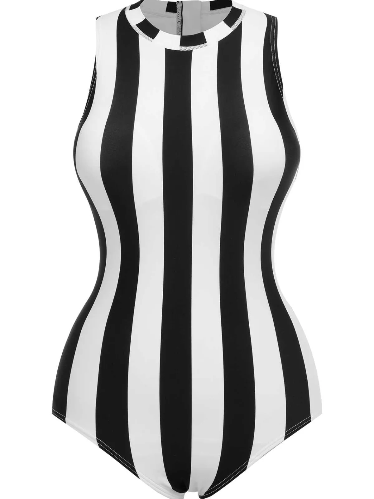 Fashion Retro Stage 1950s Contrast Stripes Triangle One-Piece Swimsuit Black & White