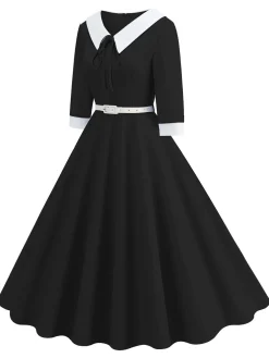Clearance Retro Stage 1950s Contrast Tie Neck Belted Lapel Dress