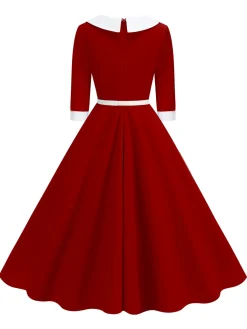 Clearance Retro Stage 1950s Contrast Tie Neck Belted Lapel Dress