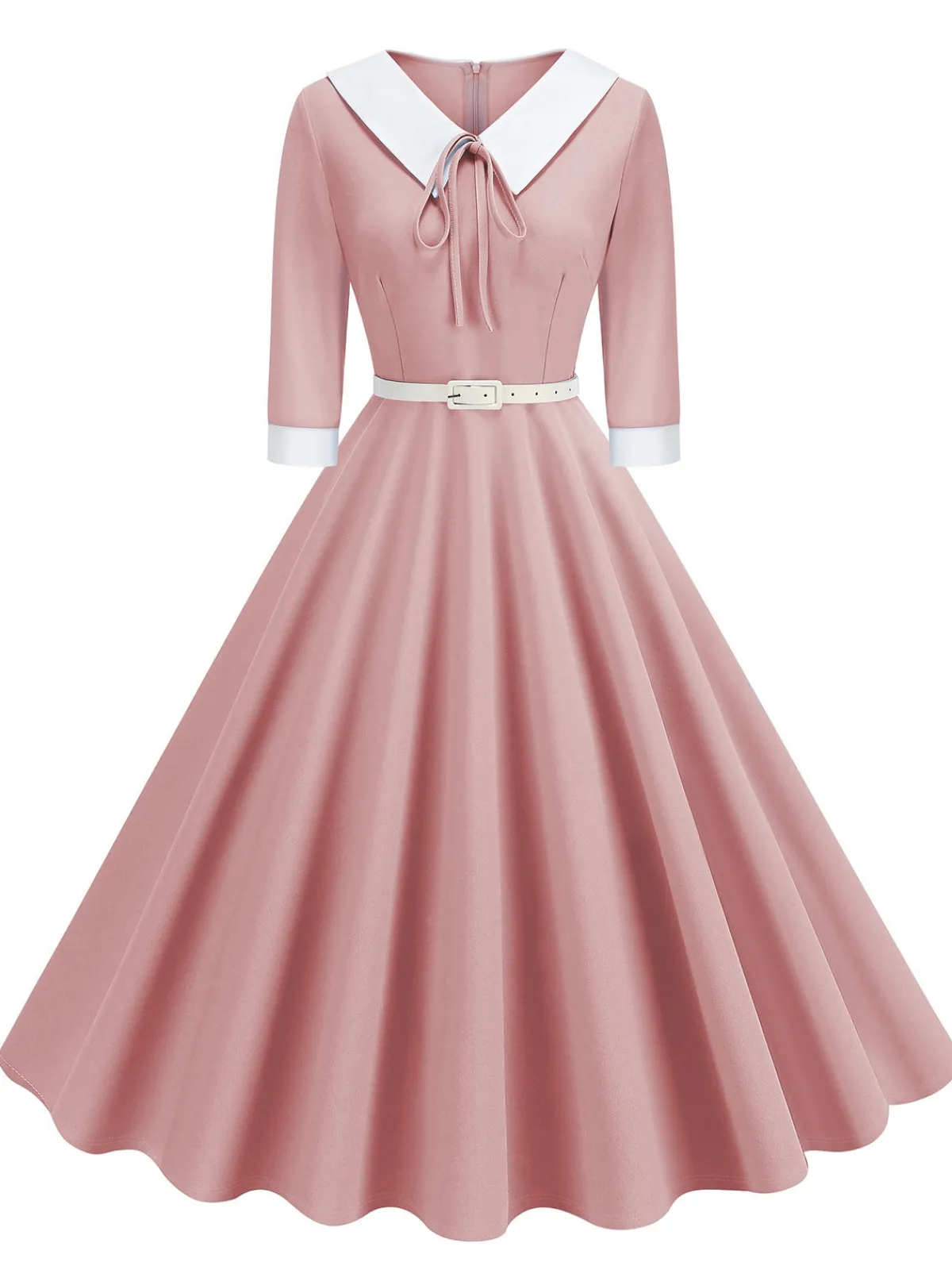 Clearance Retro Stage 1950s Contrast Tie Neck Belted Lapel Dress