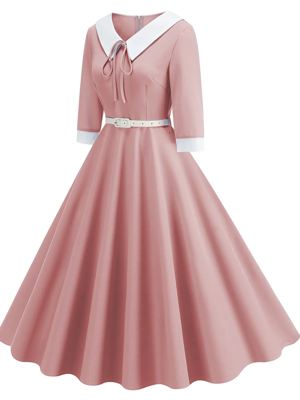 Clearance Retro Stage 1950s Contrast Tie Neck Belted Lapel Dress