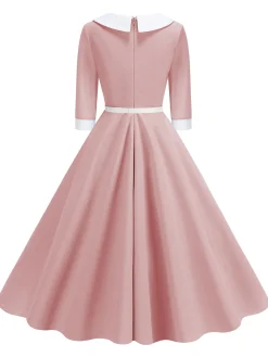 Clearance Retro Stage 1950s Contrast Tie Neck Belted Lapel Dress