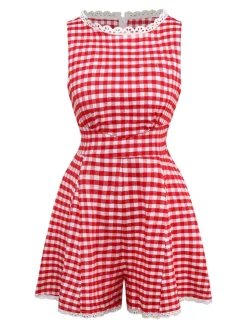 Outlet Retro Stage 1950s Cotton Lace Patchwork Gingham Plaid Romper