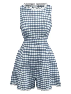 Outlet Retro Stage 1950s Cotton Lace Patchwork Gingham Plaid Romper