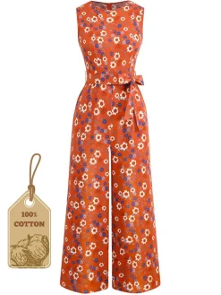 Fashion Retro Stage 1950s Cotton Sleeveless All-Over Floral Belted Jumpsuit