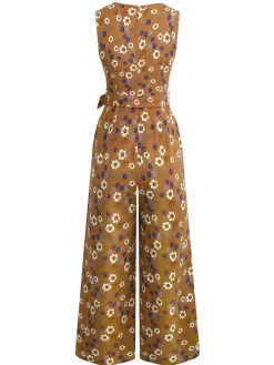 Fashion Retro Stage 1950s Cotton Sleeveless All-Over Floral Belted Jumpsuit