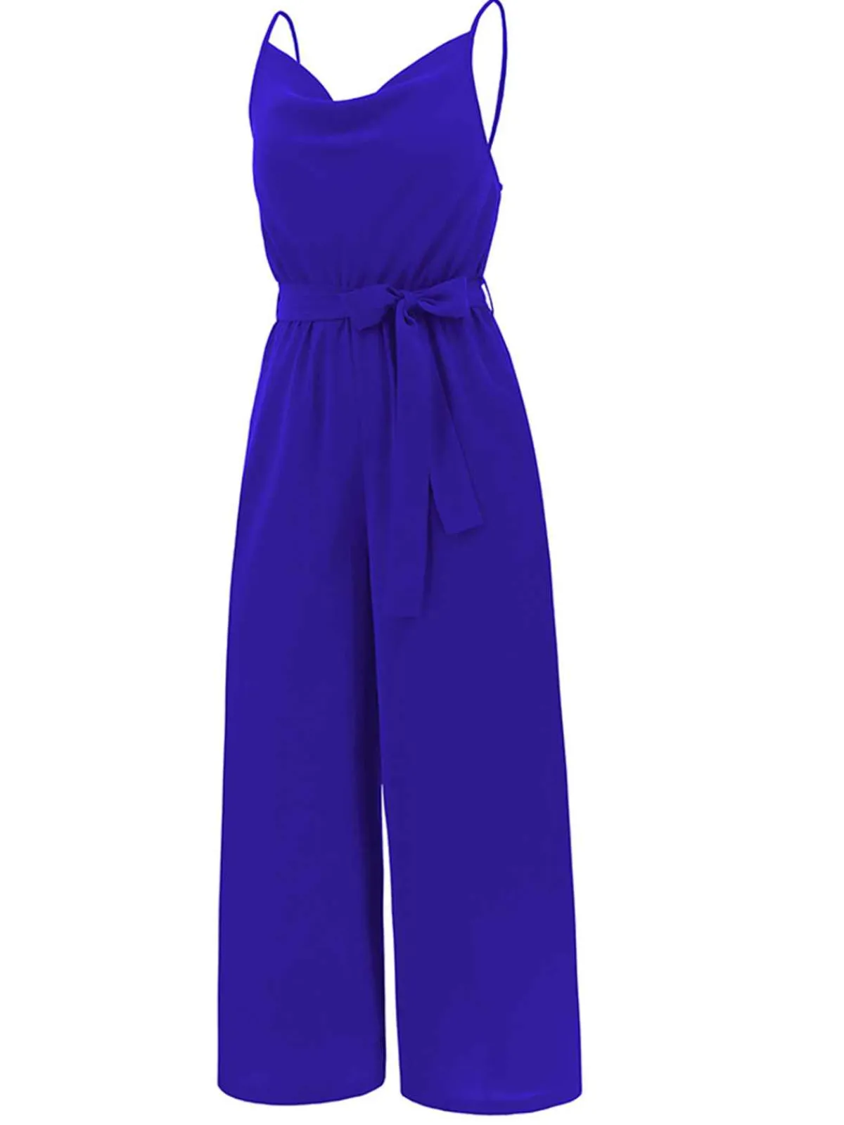 Hot Retro Stage 1930s Cowl Neck Spaghetti Strap Solid Belted Jumpsuit