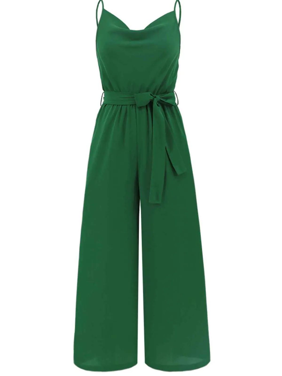 Hot Retro Stage 1930s Cowl Neck Spaghetti Strap Solid Belted Jumpsuit