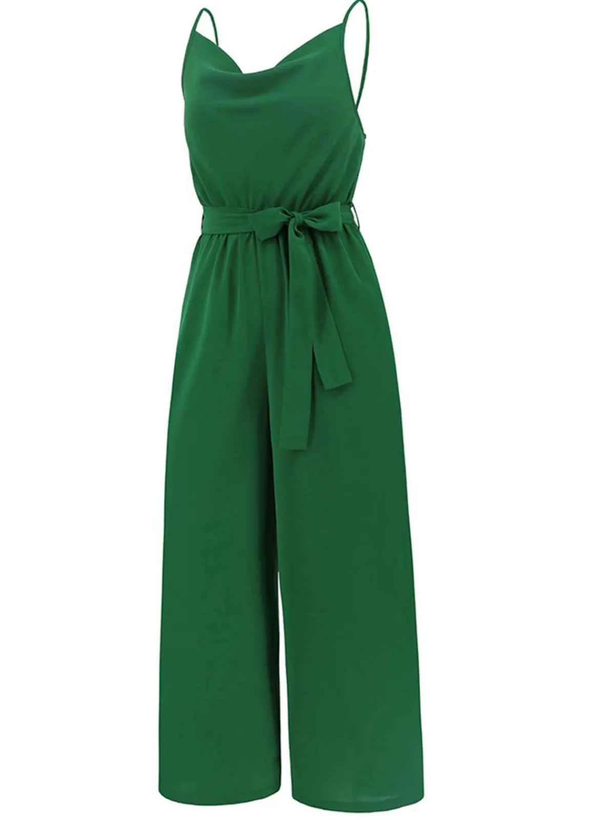 Hot Retro Stage 1930s Cowl Neck Spaghetti Strap Solid Belted Jumpsuit