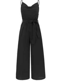 Hot Retro Stage 1930s Cowl Neck Spaghetti Strap Solid Belted Jumpsuit