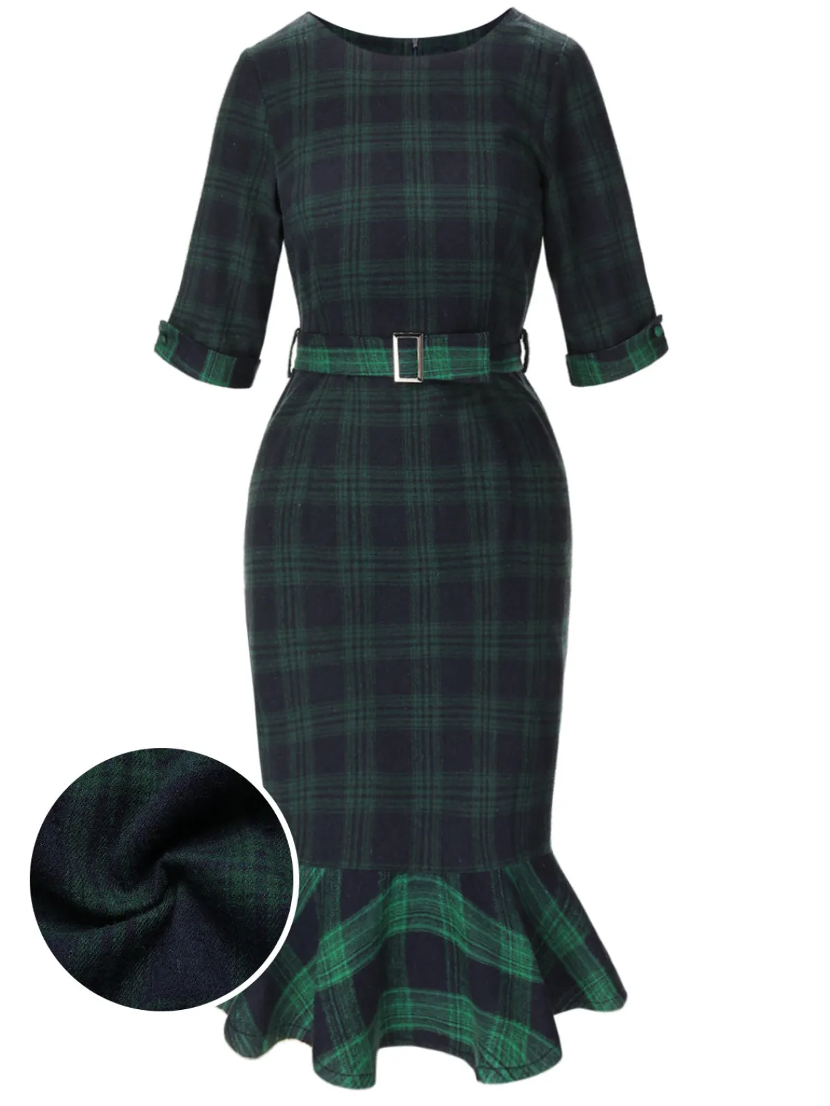 Discount Retro Stage 1930s Crew Neck Tartan Plaid Belted Mermaid Dress Green
