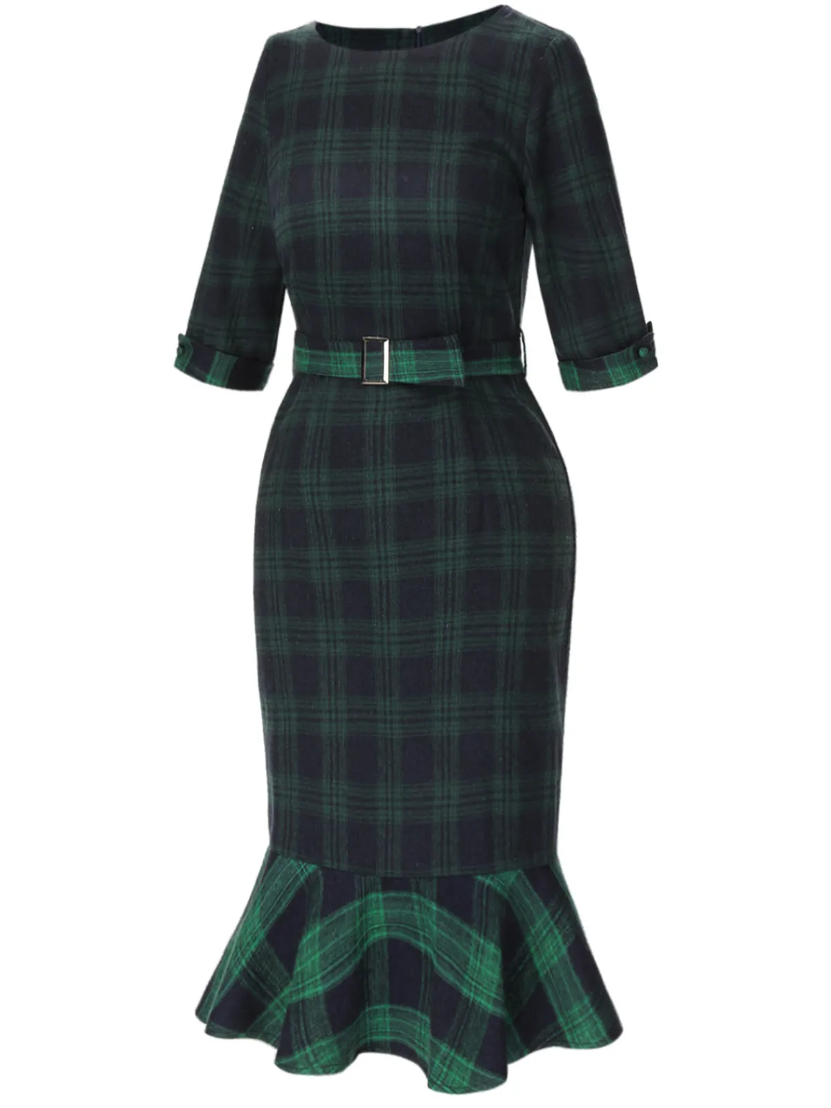 Discount Retro Stage 1930s Crew Neck Tartan Plaid Belted Mermaid Dress Green