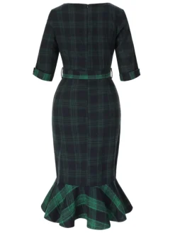 Discount Retro Stage 1930s Crew Neck Tartan Plaid Belted Mermaid Dress Green