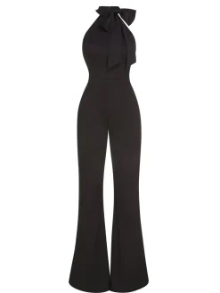 Outlet Retro Stage 1960s Crewl Halter Bow Solid Jumpsuit