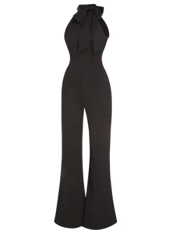 Outlet Retro Stage 1960s Crewl Halter Bow Solid Jumpsuit