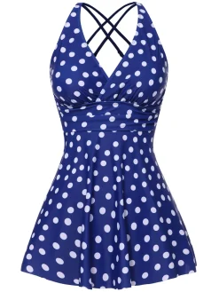 Online Retro Stage 1930s Cross Straps Polka Dots Swimsuit