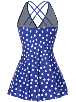 Online Retro Stage 1930s Cross Straps Polka Dots Swimsuit