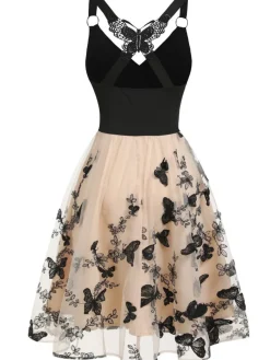 Discount Retro Stage 1950s 3D Butterfly Embroidered Patchwork Dress