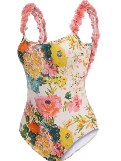 Hot Retro Stage 1930s 3D Floral Strap Backless One-Piece Swimsuit