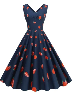New Retro Stage 1950s Daisy & Strawberry Print Sleeveless Dress