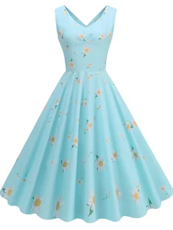 New Retro Stage 1950s Daisy & Strawberry Print Sleeveless Dress