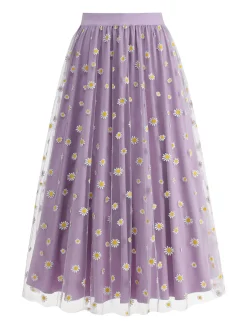 Clearance Retro Stage 1940s Daisy Mesh High Waist A-Line Skirt