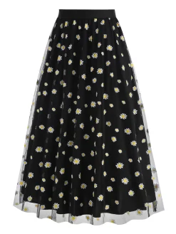 Clearance Retro Stage 1940s Daisy Mesh High Waist A-Line Skirt