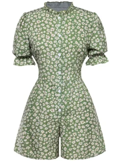 Sale Retro Stage 1940s Daisy Pleats Collar Puff Sleeves Romper