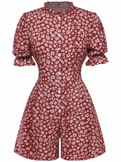 Sale Retro Stage 1940s Daisy Pleats Collar Puff Sleeves Romper
