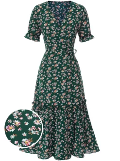 Fashion Retro Stage 1930s Daisy Surplice V-Neck Belted Dress