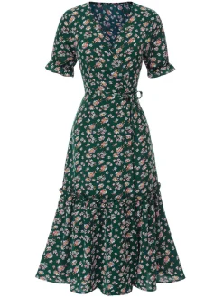 Fashion Retro Stage 1930s Daisy Surplice V-Neck Belted Dress