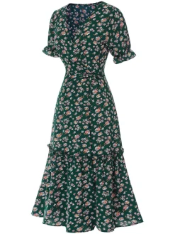 Fashion Retro Stage 1930s Daisy Surplice V-Neck Belted Dress