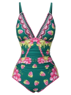 Discount Retro Stage 1950s Deep V Grape One-Piece Swimsuit Multicolor