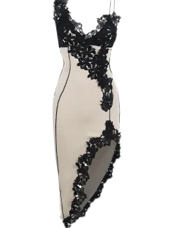 Online Retro Stage 1960s Deep V-Neck Asymmetric Lace Bodycon Dress Beige