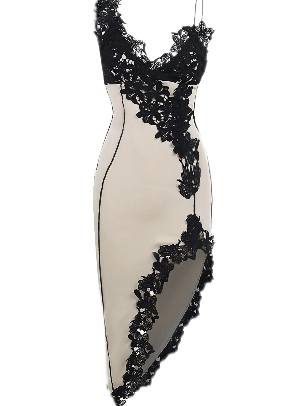 Online Retro Stage 1960s Deep V-Neck Asymmetric Lace Bodycon Dress Beige