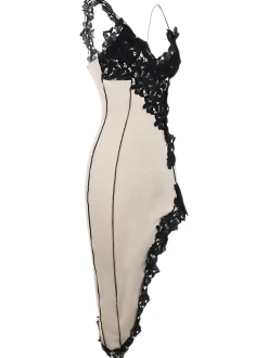 Online Retro Stage 1960s Deep V-Neck Asymmetric Lace Bodycon Dress Beige