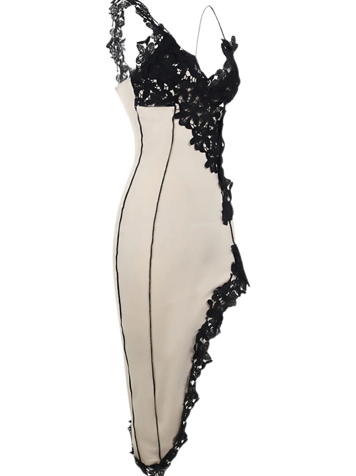 Online Retro Stage 1960s Deep V-Neck Asymmetric Lace Bodycon Dress Beige