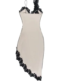 Online Retro Stage 1960s Deep V-Neck Asymmetric Lace Bodycon Dress Beige