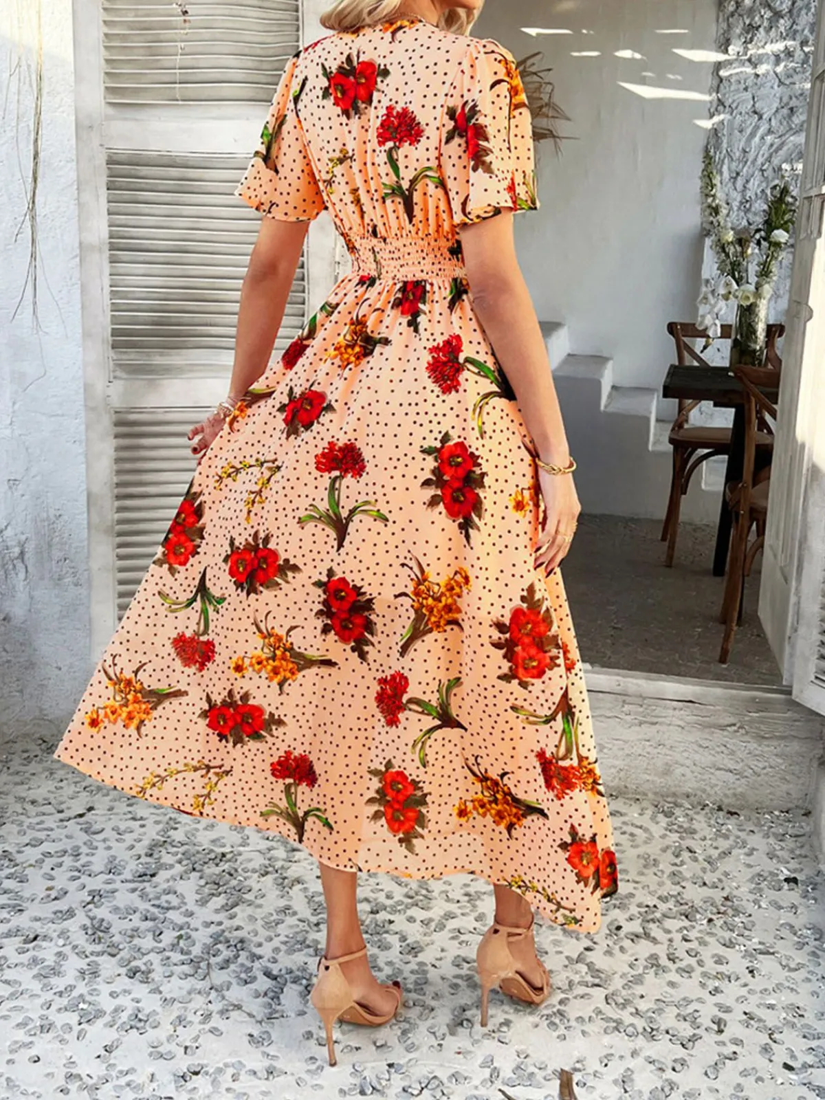 Outlet Retro Stage 1940s Deep V-Neck Chiffon Polka Dots Floral Dress