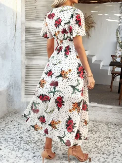 Outlet Retro Stage 1940s Deep V-Neck Chiffon Polka Dots Floral Dress