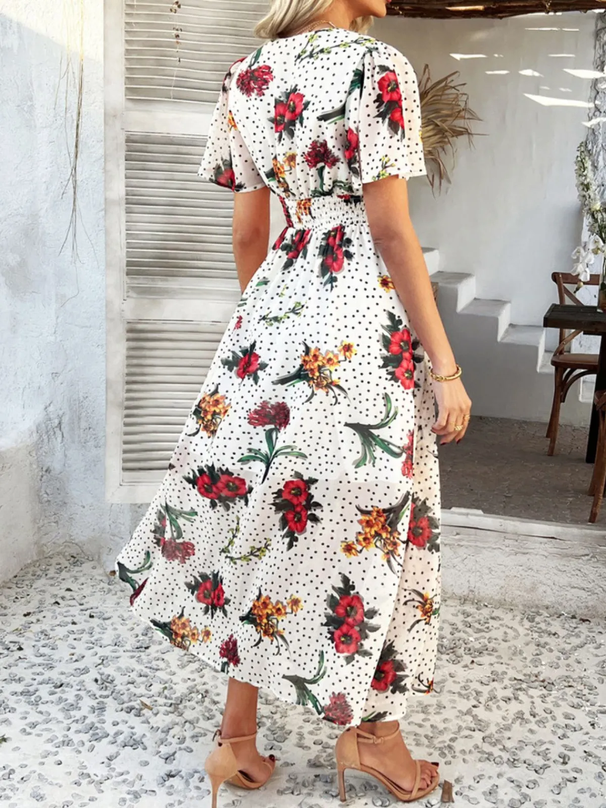 Outlet Retro Stage 1940s Deep V-Neck Chiffon Polka Dots Floral Dress