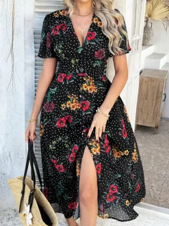 Outlet Retro Stage 1940s Deep V-Neck Chiffon Polka Dots Floral Dress